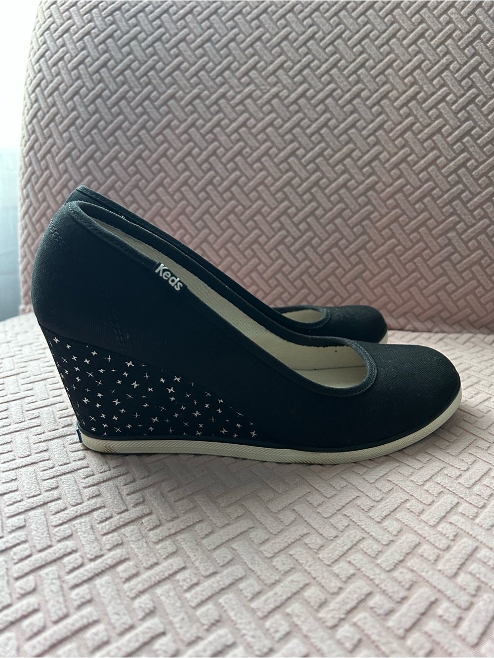Keds Black Canvas Wedge Shoes with Star-Patterned Heel